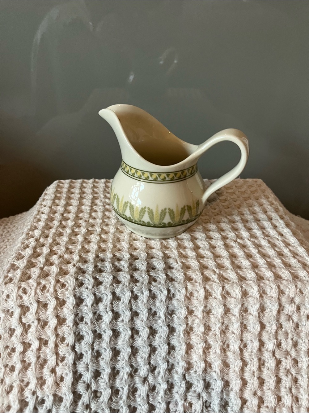 Este lauder 6” pitcher Cream Ceramic with Olive Green Leaf Motif 240